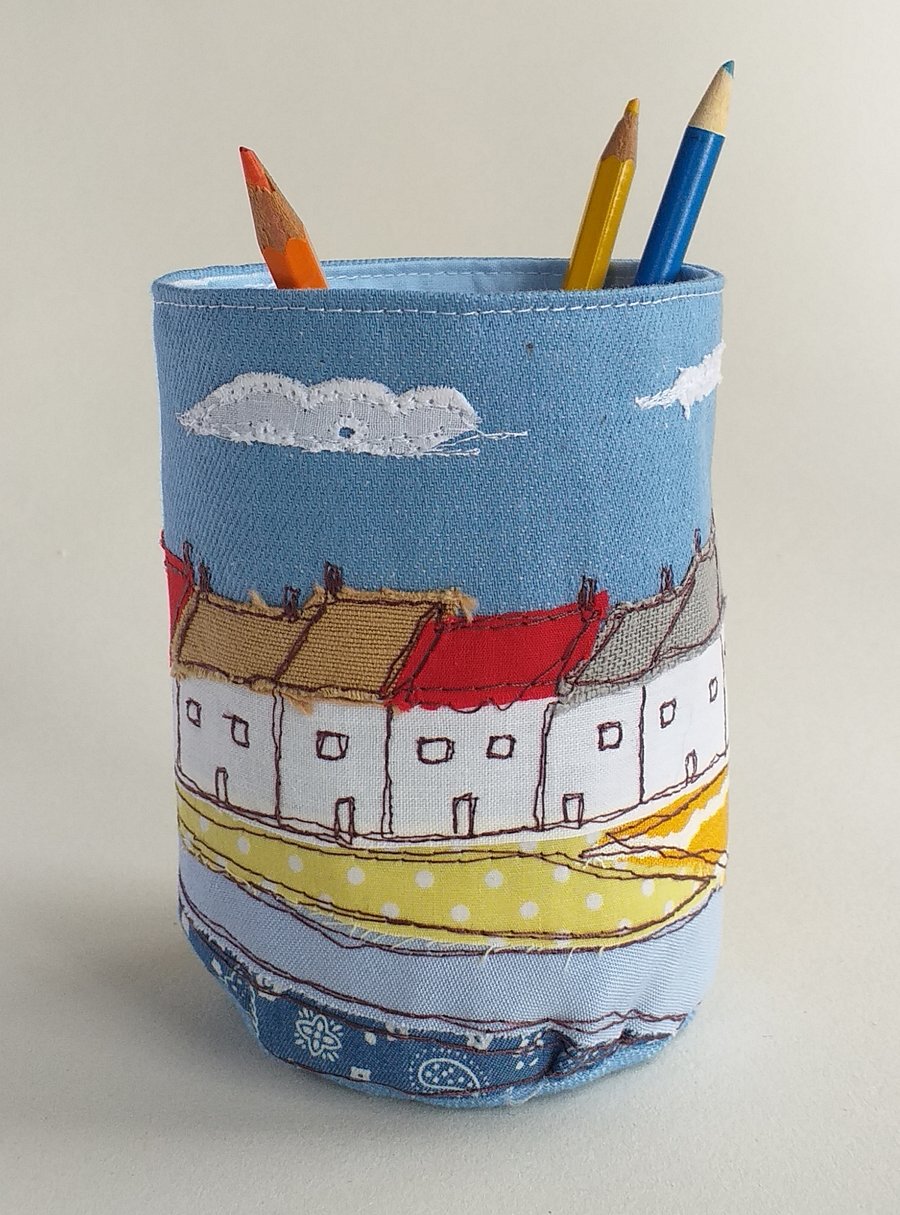 Fabric Pencil Pot with Embroidered Coastal Houses