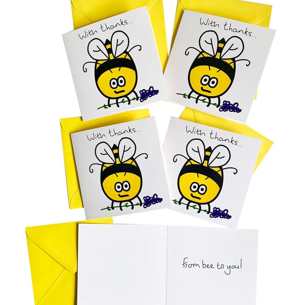 Digg Design 5pk of busy Bees design thank you cards. Yellow envelopes