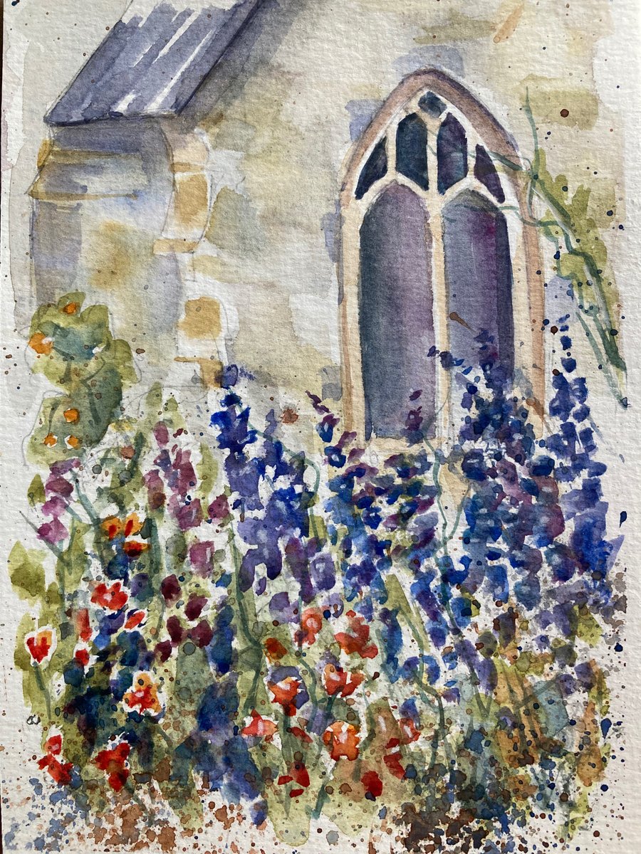 Watercolour of an English summer garden. Painting of flowers. Stain glass window