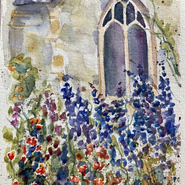 Watercolour of an English summer garden. Painting of flowers. Stain glass window
