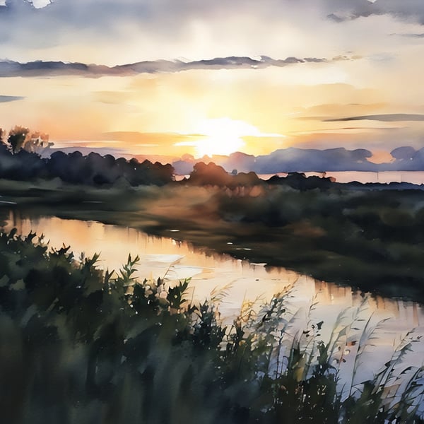 Print of Original Water Colour A4 Sunset on The Fens Norfolk