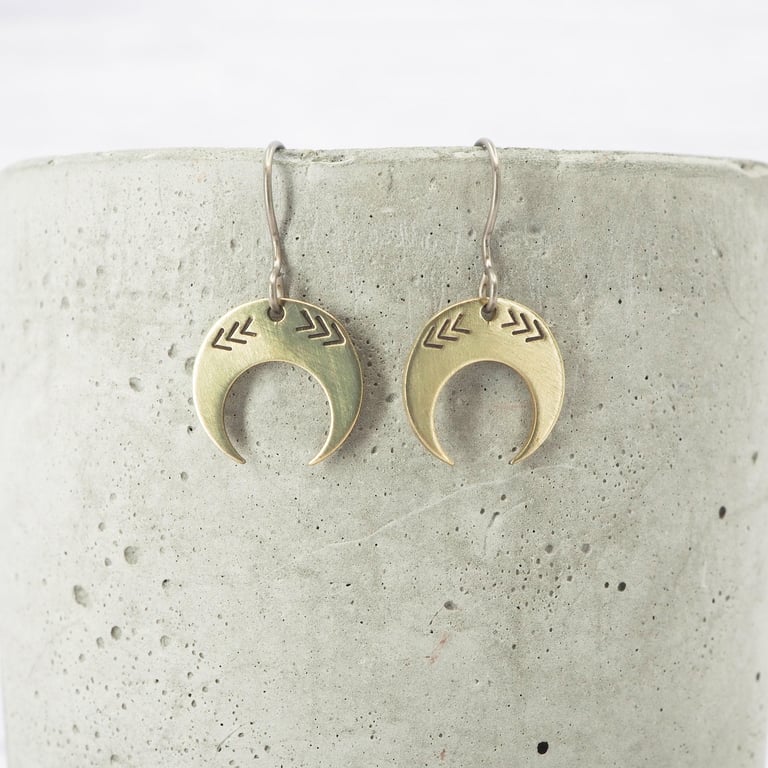 Hypoallergenic titanium ear wires - Brass small crescent stamped dangle earrings