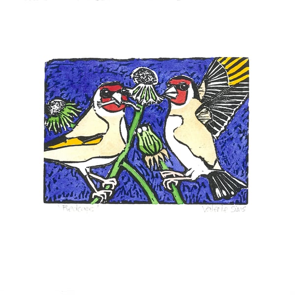 Redcaps - Woodcut Print - Original Art for Wildlife and Bird Lovers