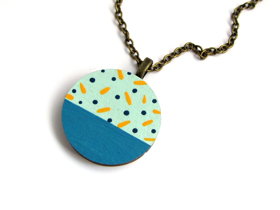 Mint Green Polka Dot Wooden Circle Necklace