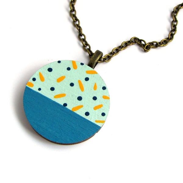 Mint Green Polka Dot Wooden Circle Necklace