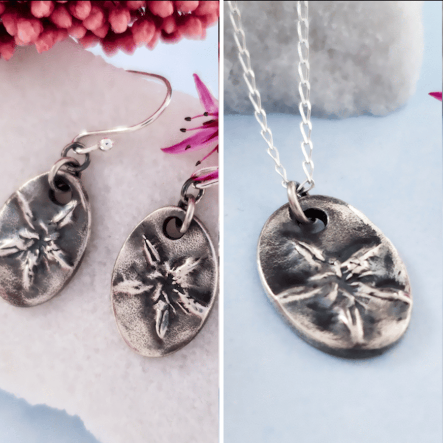 Recycled Silver Wildflower Pendant and Earrings Gift Set - Stonecrop