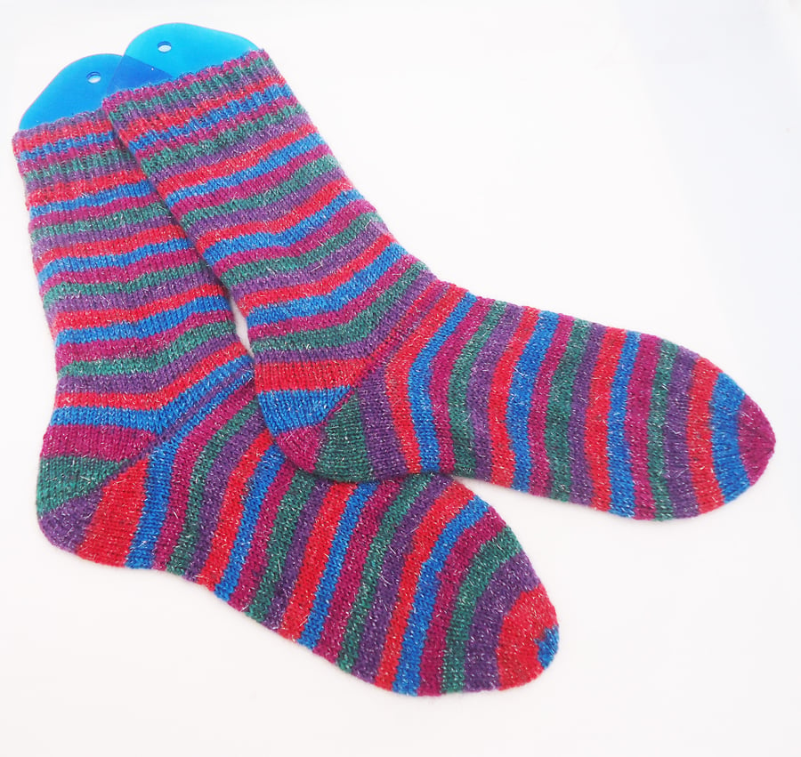 Hand Knit Christmas Socks, Women Sparkle Socks, Wool Socks with Added Sparkle