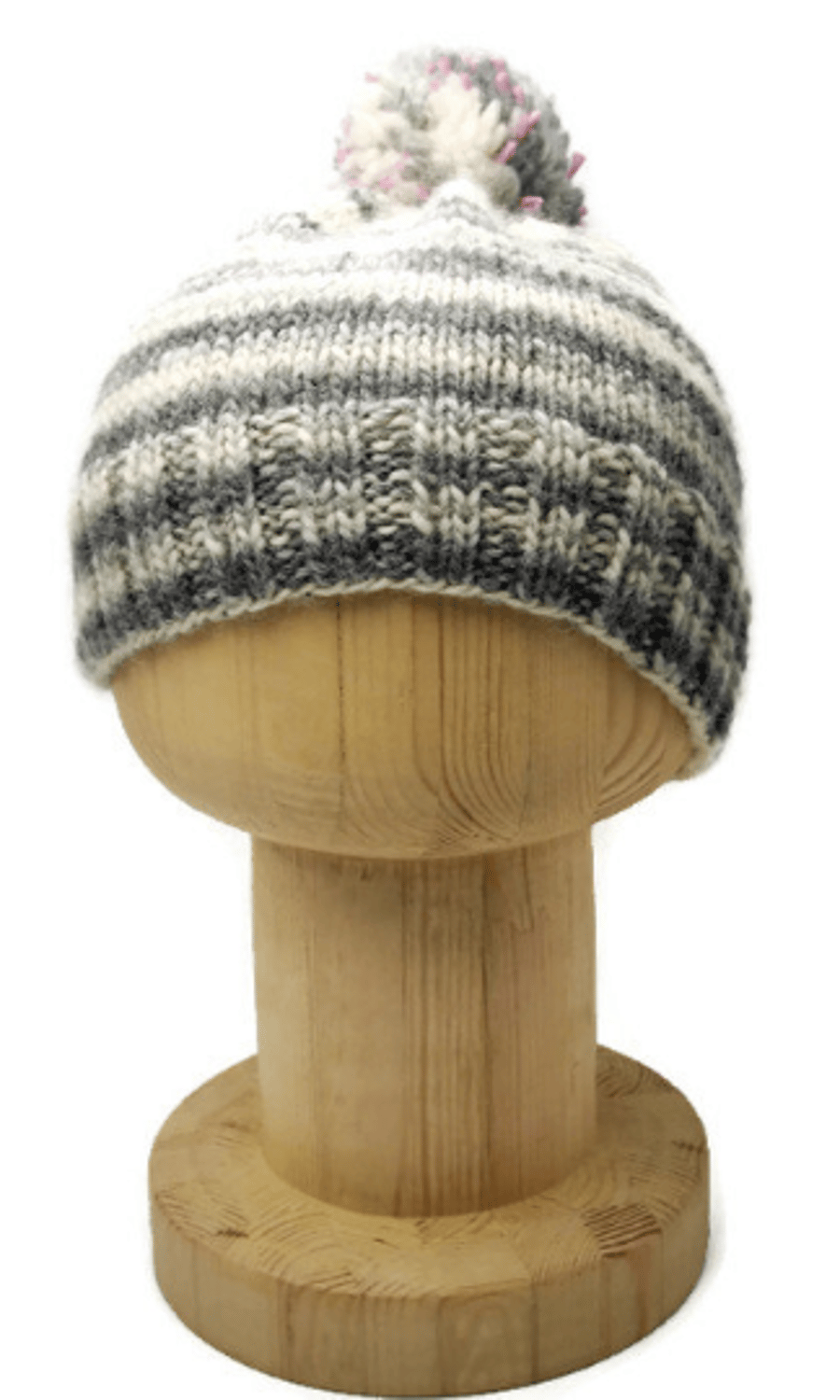 SOLD-  Hand Knitted "Tonal Toorie" beanie hat in grey, cream and pink