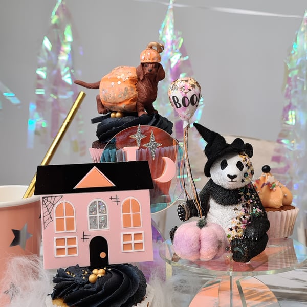 Halloween Boo Panda Discontinued Witch Glitter Pink Orange Cake Topper Pumpkin