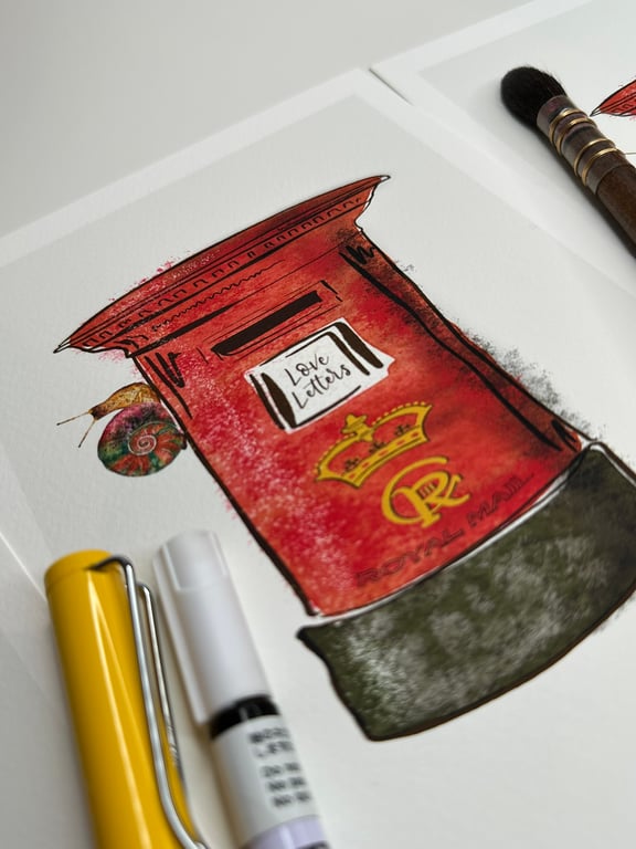 Hand Finished Watercolour A5 or A4 Art Print - Royal Mail Box Love Letters