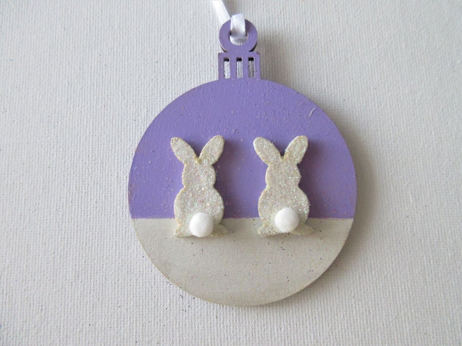 Hanging Decoration Christmas Tree Bauble Bunny Rabbit Lilac Snow Scene