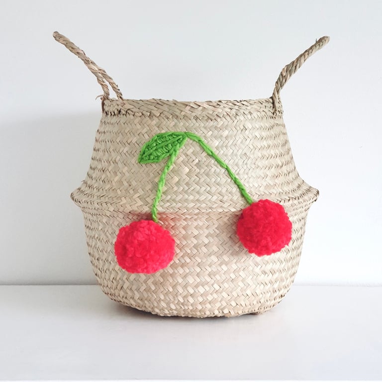 Cherry belly basket storage retro kids room nursery embroidered basket cherry