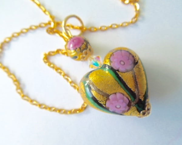 Murano glass gold and pink pendant with Swarovski crystal and gold chain.