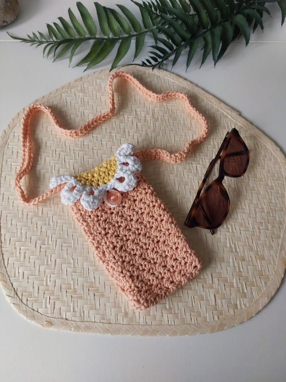 Crochet Cotton Daisy Glasses Case, Phone Case Peach