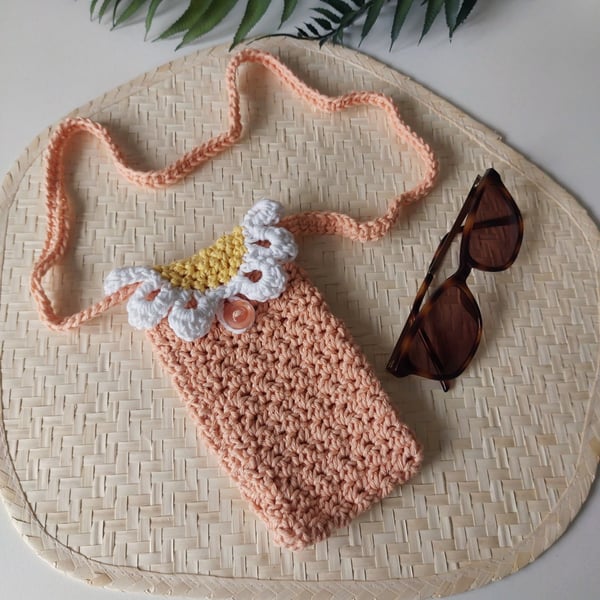Crochet Cotton Daisy Glasses Case, Phone Case Peach