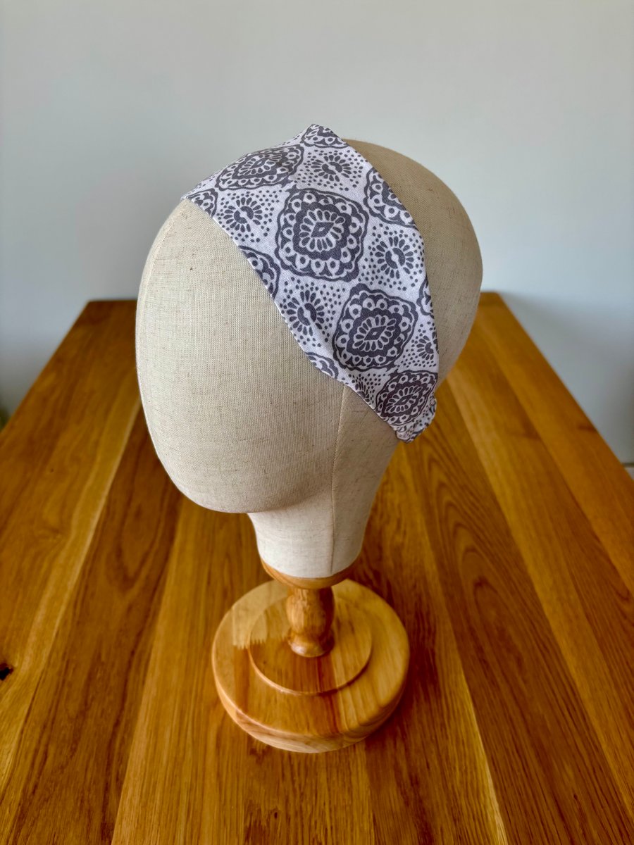 Cotton wide flat headband, grey and white cotton headband, yoga headband