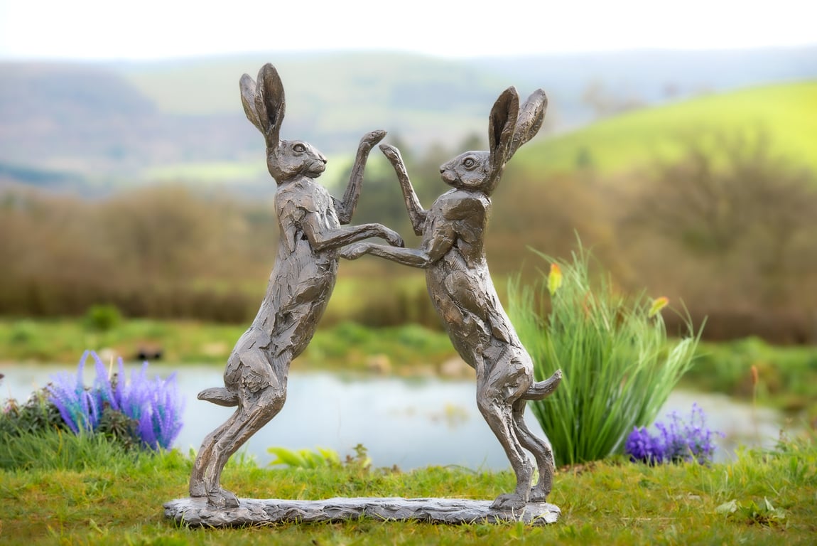 Dancing Hares Medium Bronze Resin Garden Sculpture