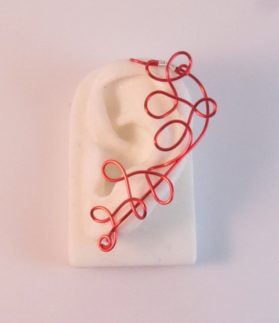 Squiggle Red Wire Ear Cuff,  Red Ear Cuff