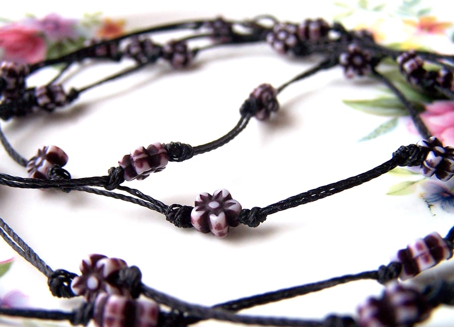 Black Flower Necklace, Knotted Cord Long Necklace, Black Flowers, Boho