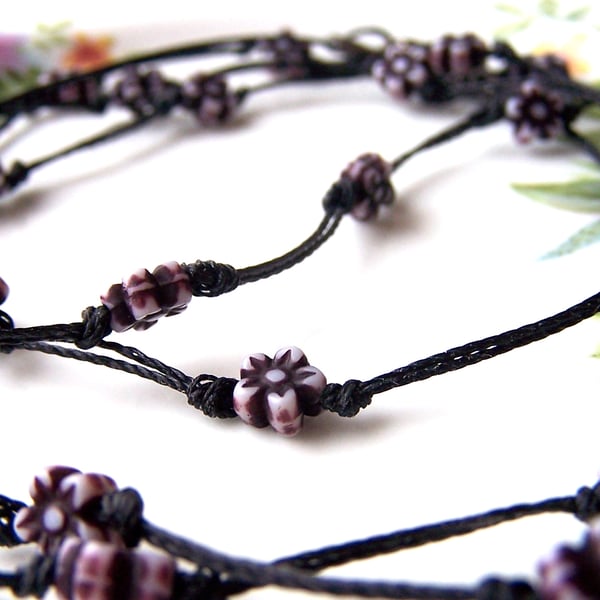 Black Flower Necklace, Knotted Cord Long Necklace, Black Flowers, Boho