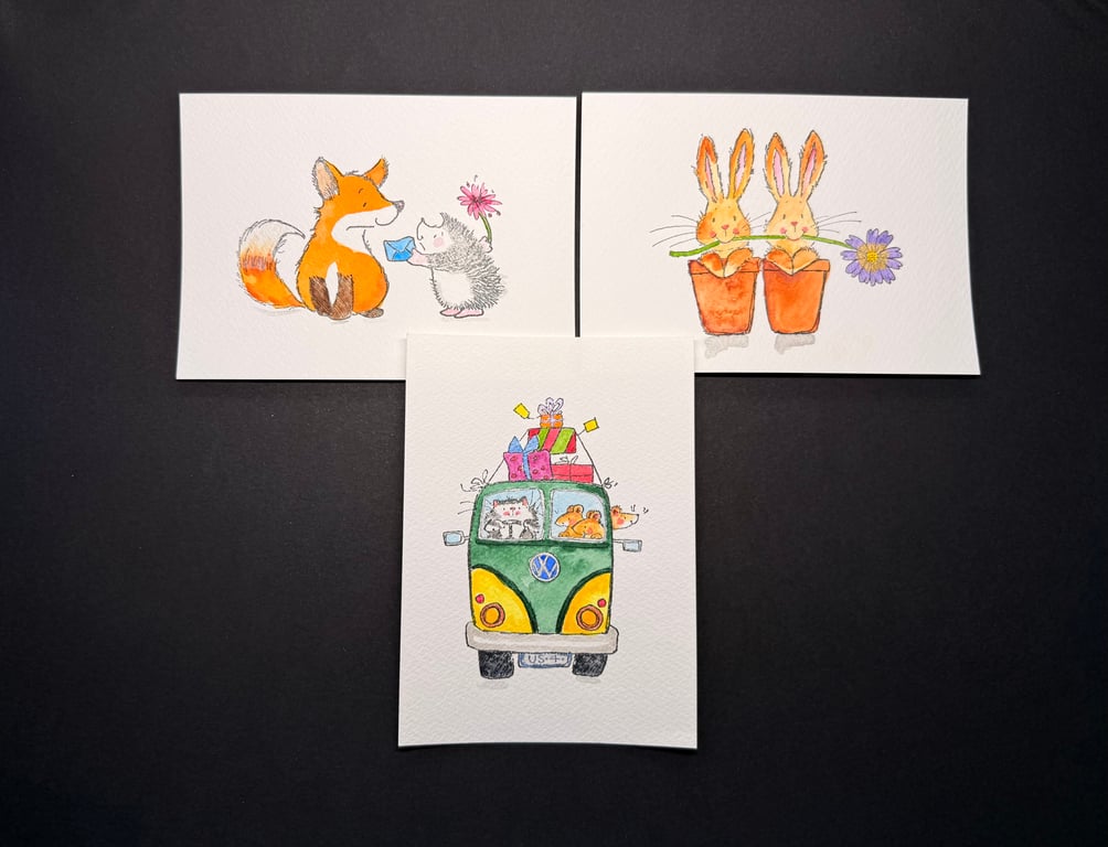 Hand watercoloured postcards from Penny Black stamps - Various animals