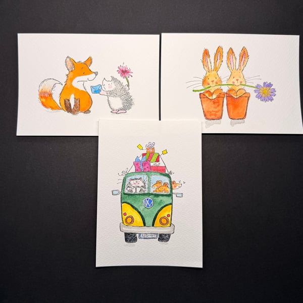 Hand watercoloured postcards from Penny Black stamps - Various animals