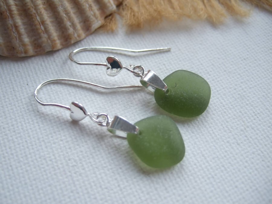 Scottish sea glass earrings, sterling silver green bea glass, heart shaped