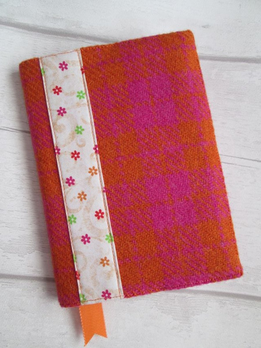 A6 'Harris Tweed' Reusable Notebook Cover - Pink & Orange Check