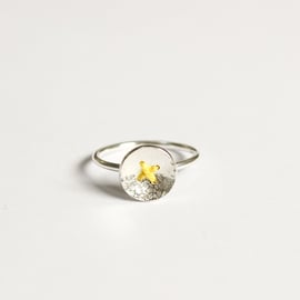 Silver button ring, silver ring, stitched button