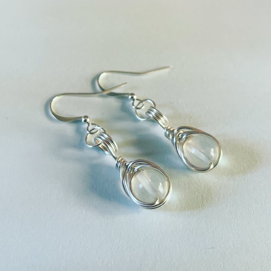 Wire wrapped moonstone bead earrings