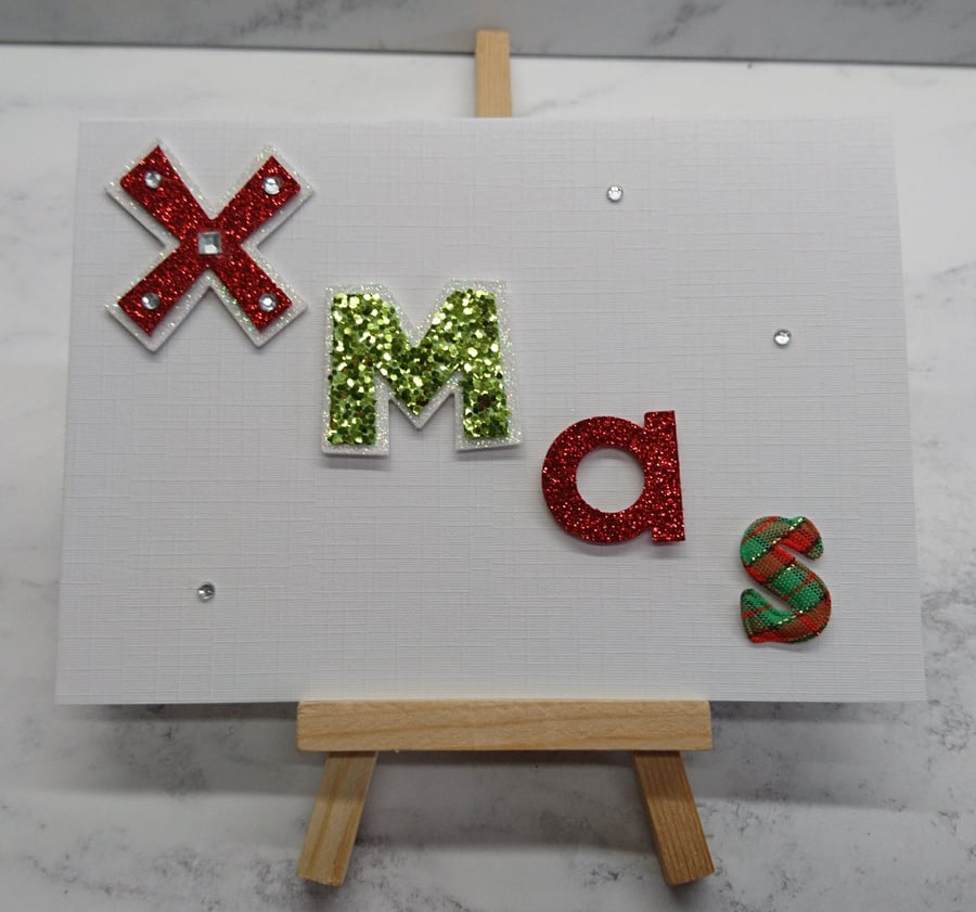 Christmas Card Mixed Media Glitter Xmas Word on Linen 3D Luxury Handmade Card
