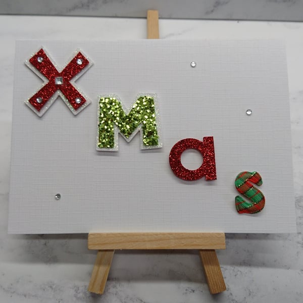 Christmas Card Mixed Media Glitter Xmas Word on Linen 3D Luxury Handmade Card