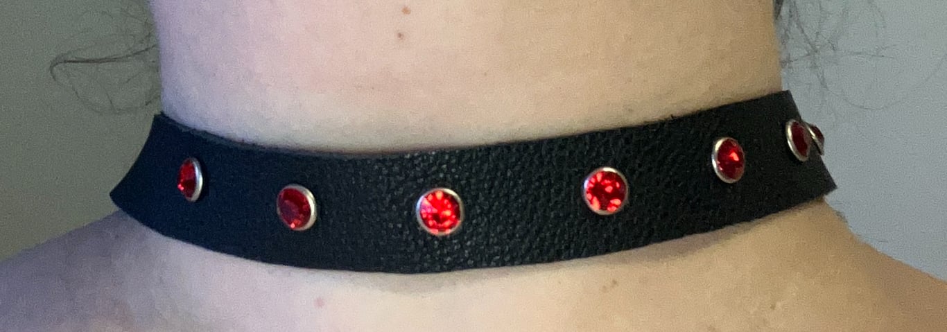 Black Leather Choker with 7 Red Gemstones (custom sized 17"-21")