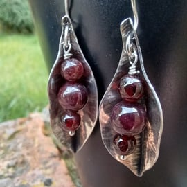 Silver and garnet peapod earrings