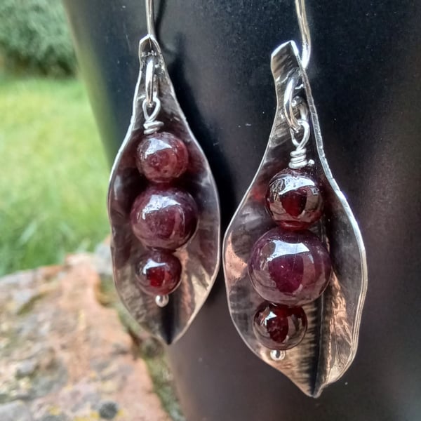 Silver and garnet peapod earrings