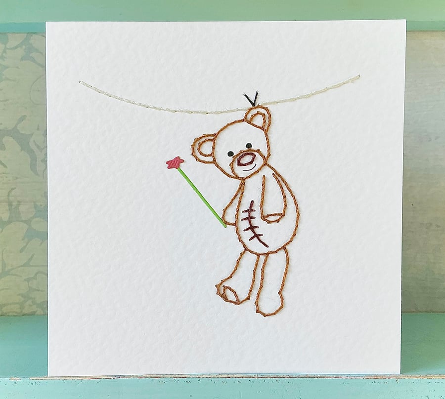 Hand Stitched Card. Teddy Bear Card. Love Card. Birthday Card. Mothers Day.