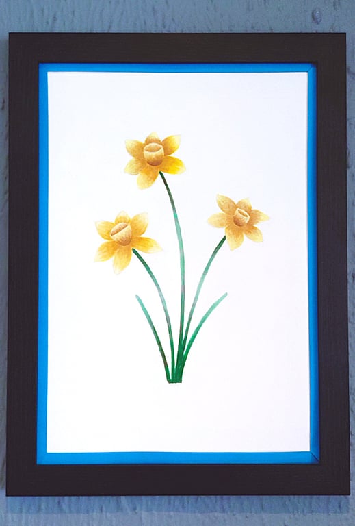 A3 Size Framed Print Painting Daffodils Flowers Colourful Dark Blue Border