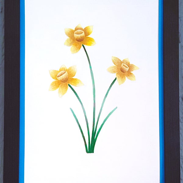 A3 Size Framed Print Painting Daffodils Flowers Colourful Dark Blue Border