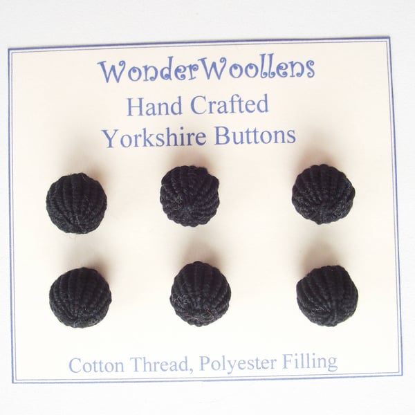 Yorkshire Buttons, Set of Six 15mm, Handmade Spherical Black