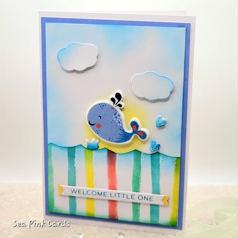  New Baby Card - 3D baby whale, crayon stripes, splashes, waves, sun, clouds