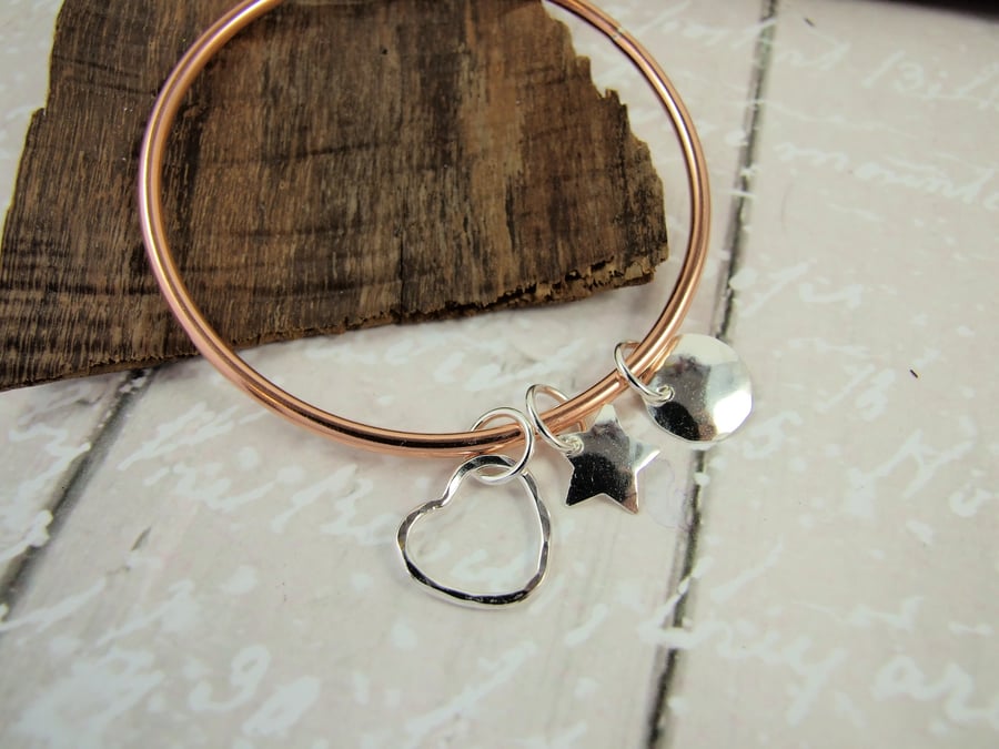 Copper Charm Bangle, Love you to the Moon and Stars Silver Charms