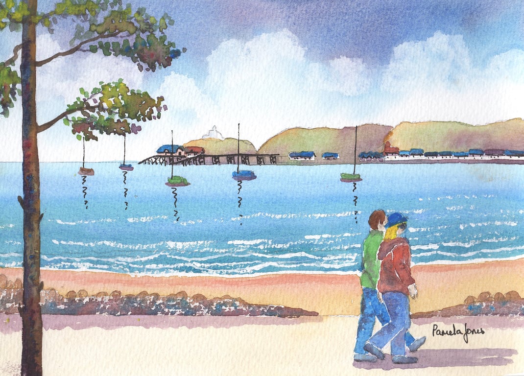 Walking To Mumbles. Swansea Bay, Original Watercolour in 14 x 11 Mount
