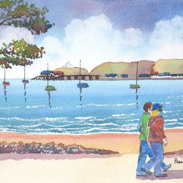 Walking To Mumbles. Swansea Bay, Original Watercolour in 14 x 11 Mount