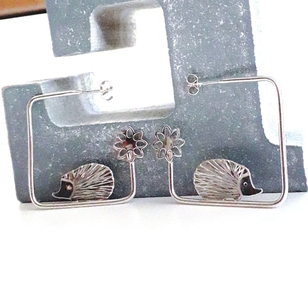 Hedgehog Earrings , Square Hoop Earrings , Stud Earrings , Sterling Silver 