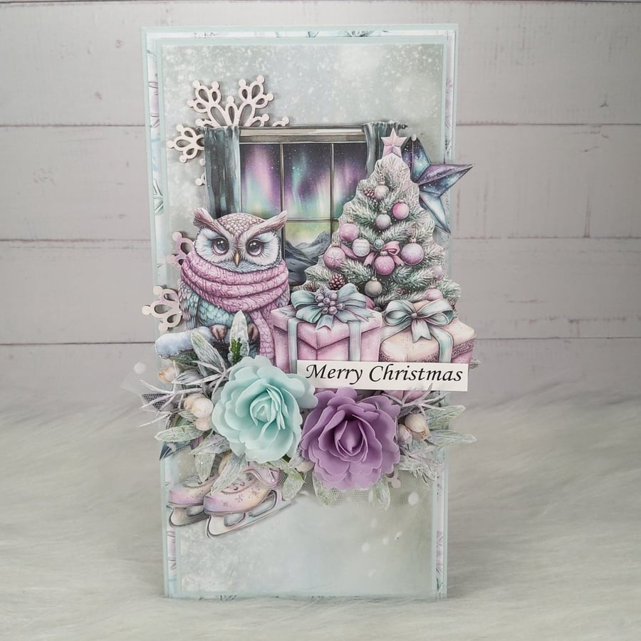 Handmade Christmas Card (120) Winter Owl Scene in Pastel Colours.