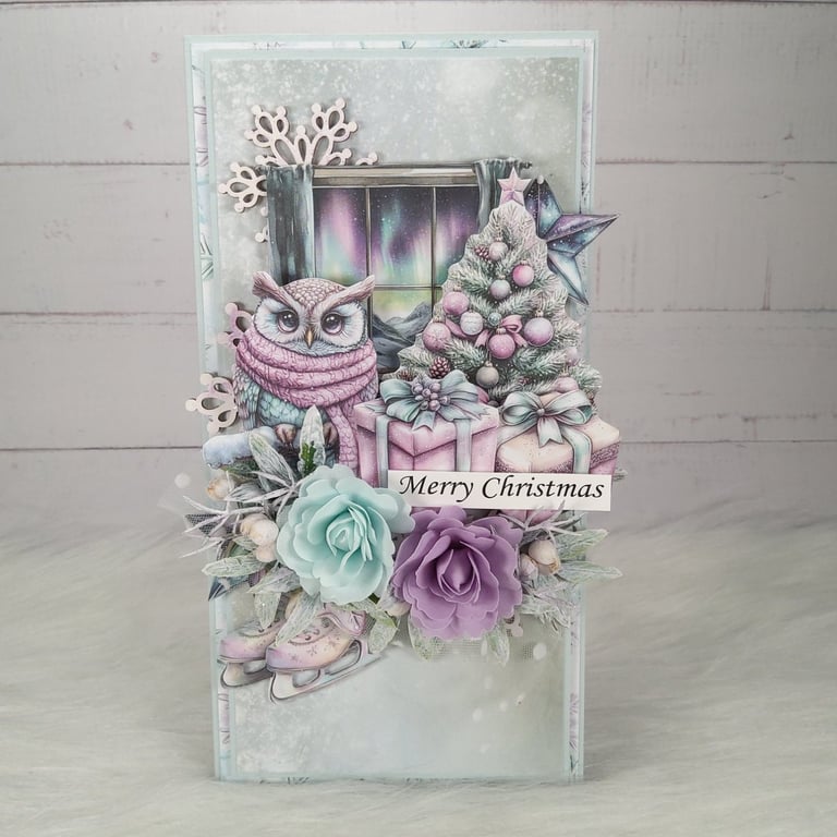 Handmade Christmas Card (120) Winter Owl Scene in Pastel Colours.
