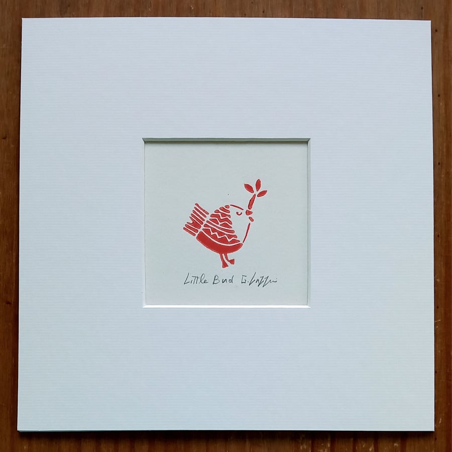 Little Bird,Red Robin Mini Linocut, Original Lino Print by Giuliana Lazzerini