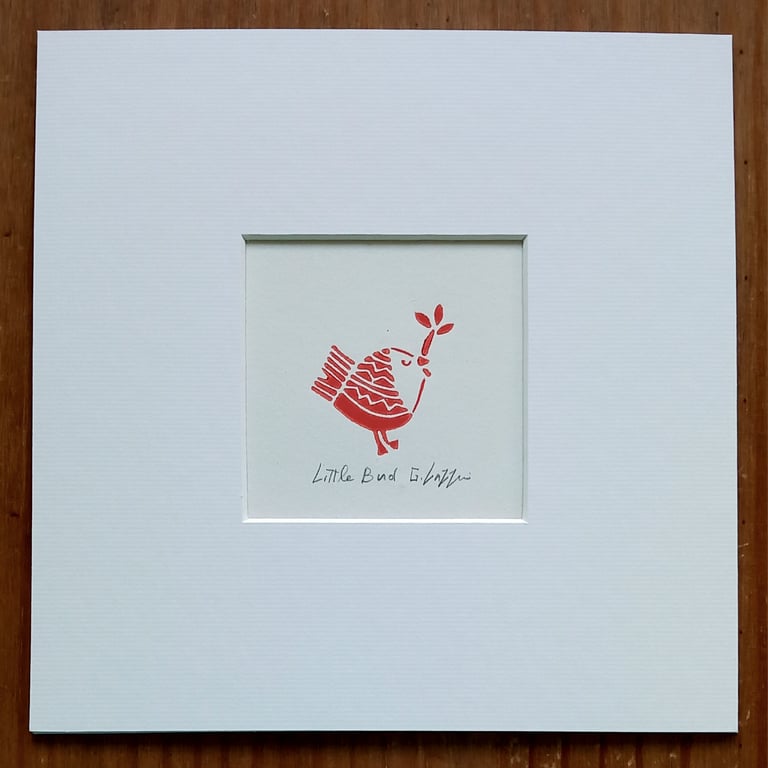 Little Bird,Red Robin Mini Linocut, Original Lino Print by Giuliana Lazzerini