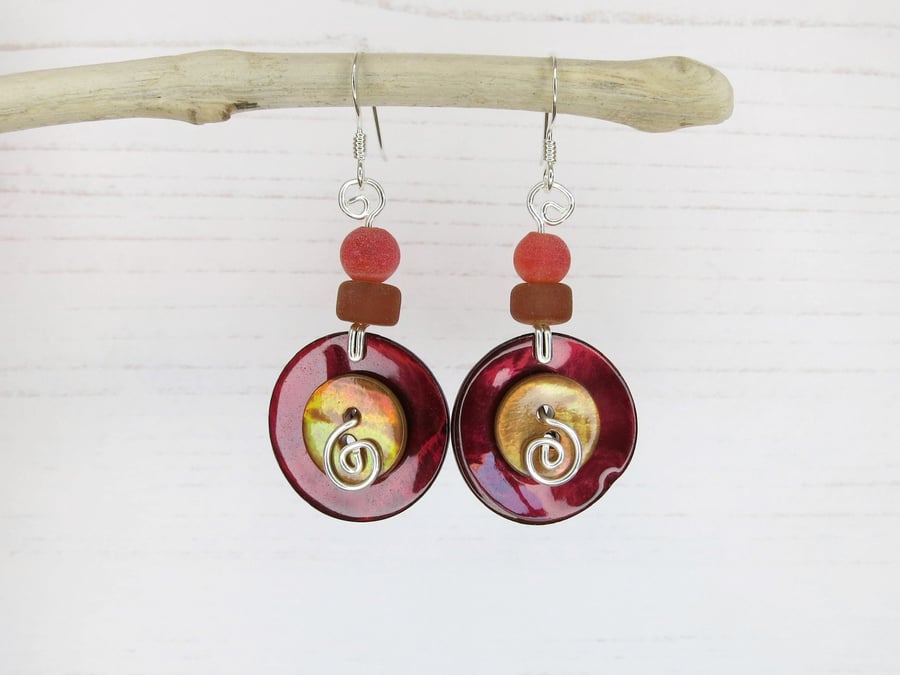 Shell Button Earrings with Frosted Glass Beads - Deep Red with Burnt Orange