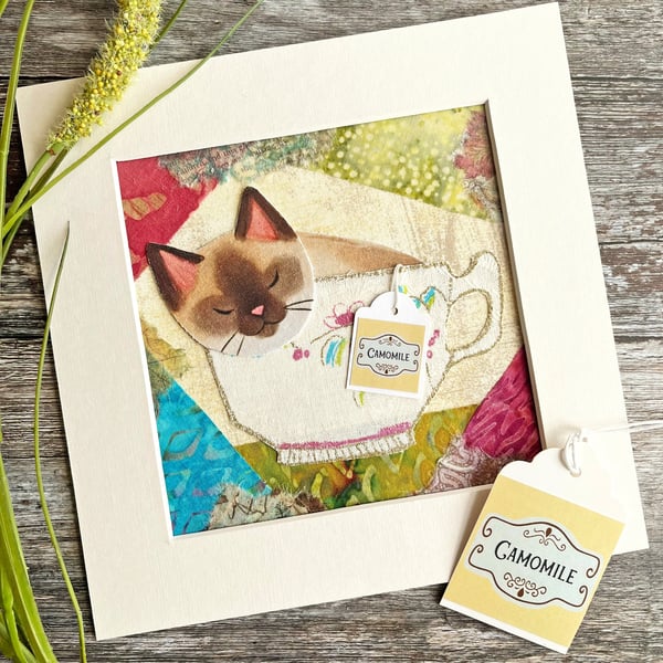 Siamese cat art, collage of siamese cat, mixed media art for cat lover
